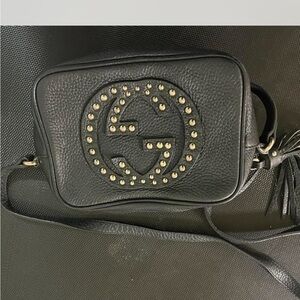 Designer Black Leather Crossbody Camera Bag with Studded Logo